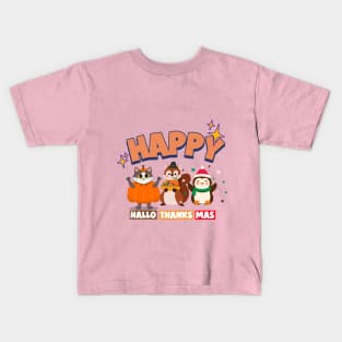 Happy Hallothanksmas Cute Characters- Funny Holiday Kids T-Shirt